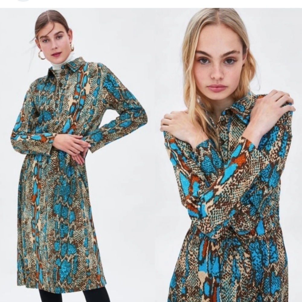New Zara Snakeskin‎ Animal 70s Long Sleeve Midi Dress Sz M